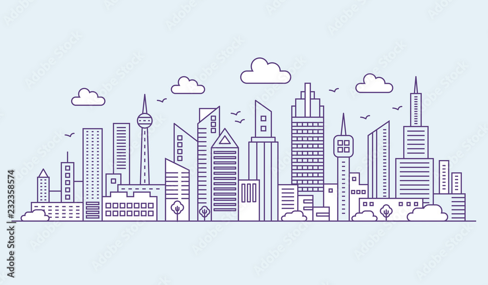 Line modern urban big city on blue background panorama. Outline cityscape skyscrapers vector illustration.