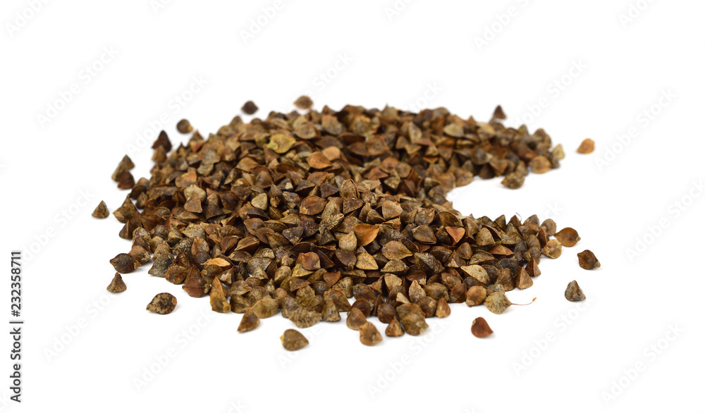 A Pile of Sprouting (in Hull) Buckwheat Seed. Isolated on White Background. A Pile of Sprouting (in Hull) Buckwheat Seed. Isolated on White Background.
