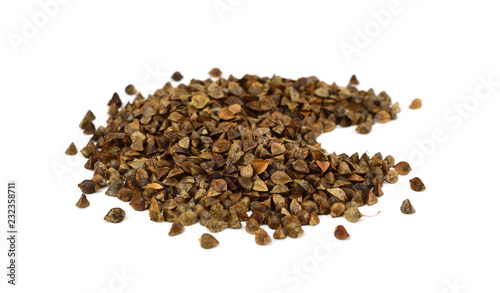 A Pile of Sprouting (in Hull) Buckwheat Seed. Isolated on White Background.
