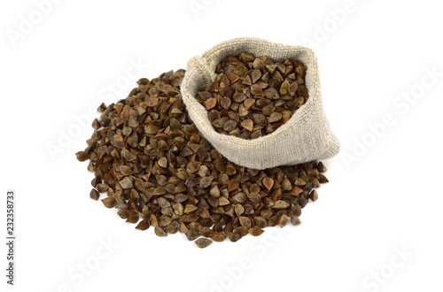 Buckwheat Sprouting (in-Hull) Seed in a Sack Bag. Isolated on White Background. photo