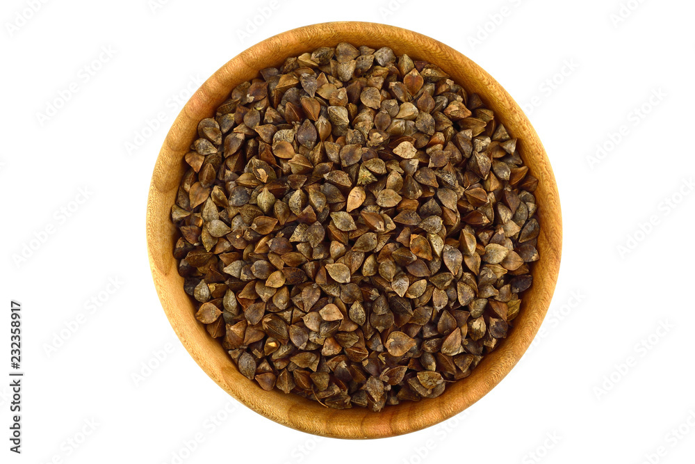 Buckwheat Sprouting (in-Hull) Raw Seed in a Bowl. Top-Down View. Isolated on White Background. Buckwheat Sprouting (in-Hull) Raw Seed in a Bowl. Top-Down View. Isolated on White Background.