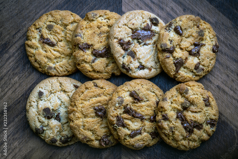 Details of a cookie with many drops of creamy and crunchy chocolate. Chocolate cookies.