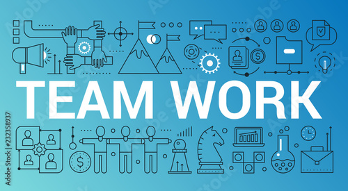 Team work word trendy composition concept banner. Outline stroke office, coworking, brainstorming vector illustration.