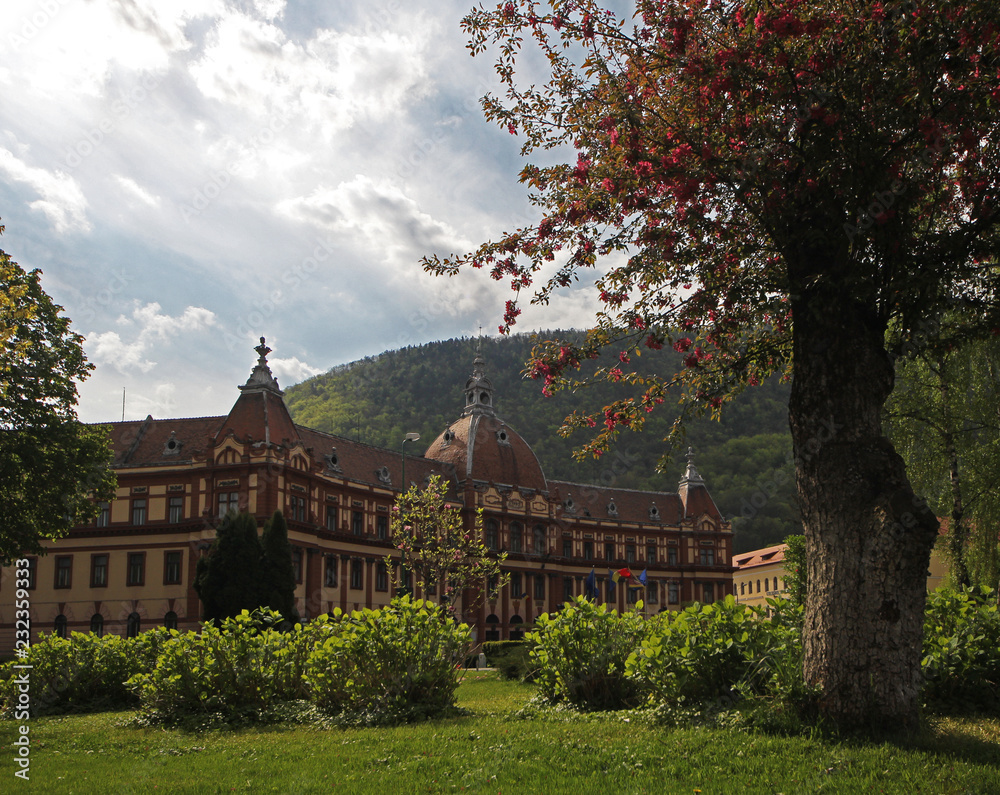 Obraz premium Brasov Prefecture building near central park