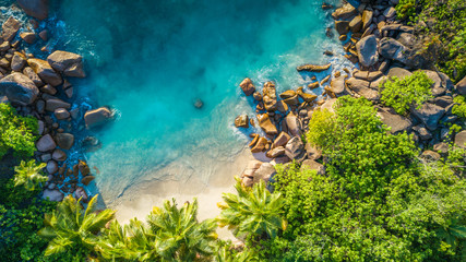 Tropical beach with sea and palm taken from drone. Seychelles famous shark beach - aerial photo