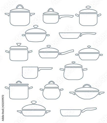 Vector set of kitchen utensils. Collection outline pots and pans with lids.