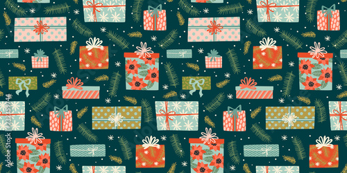Christmas and Happy New Year seamless pattern with gift boxes.