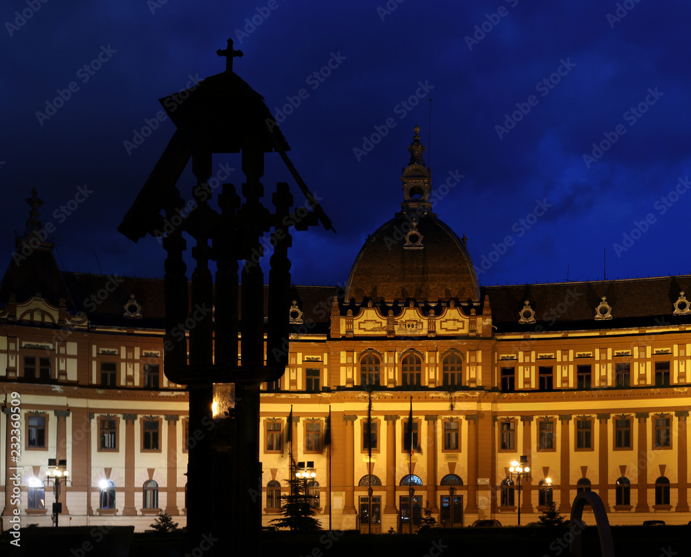 Front view of Brasov prefecture in the evening Front view of Brasov prefecture in the evening
