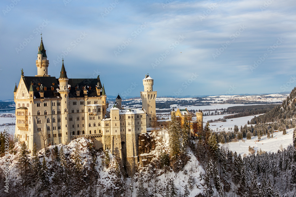 Neauschwanstein Castle from Marie bridge in winter. Germany, Bavaria..