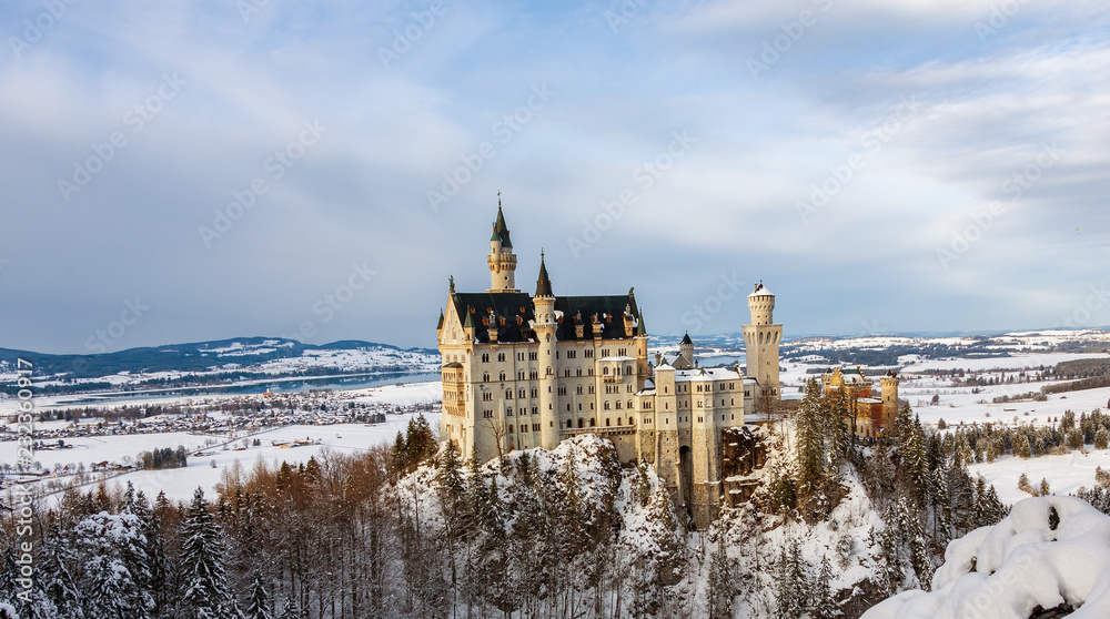 Neauschwanstein Castle from Marie bridge in winter. Germany, Bavaria..