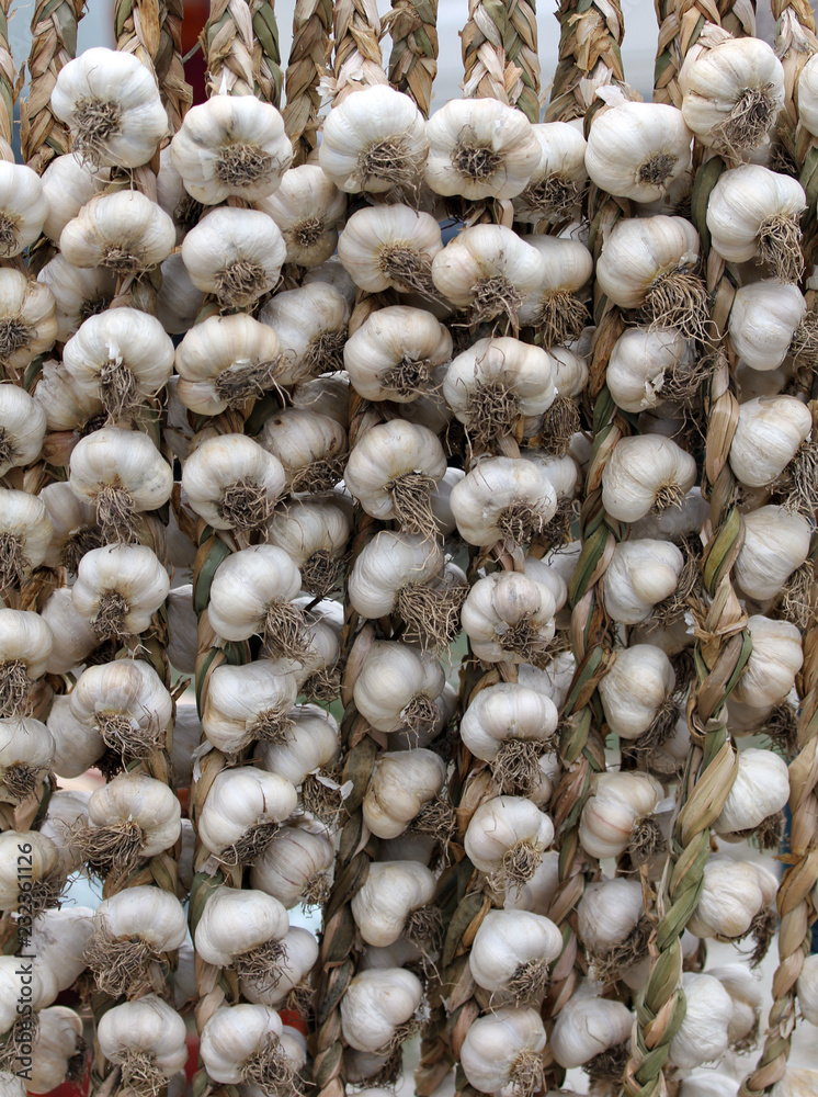 Garlic chains hanging in a countryside market