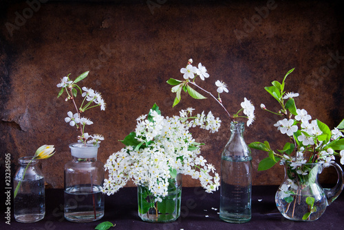 Spring flowers in glass bottles in glass bottles against vintage dark wooden background