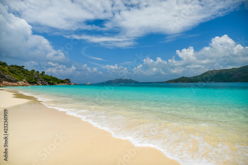 Beautiful sandy beach of Curieuse Island. Seychelles.