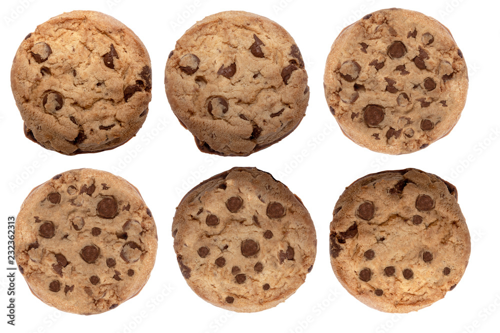 Chocolate chip cookies, isolated on white background, in high resolution for advertising use. Chocolate chip cookies, isolated on white background, in high resolution for advertising use.