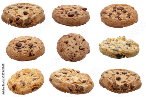 Chocolate chip cookies, isolated on white background, in high resolution for advertising use.