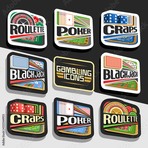 Vector set of Gambling Icons, 8 cut out decorative logos for online casino, collection of white and black gamble signages with lettering, set of isolated illustrations on gambling theme.
