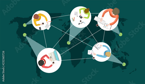 Distance learning or working around the world with students or employees from different countries online courses or work remotely  vector illustration