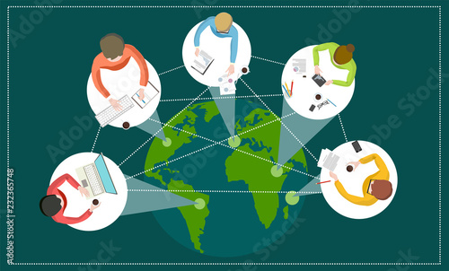 Distance learning or working around the world with students or employees from different countries online courses or work remotely  vector illustration