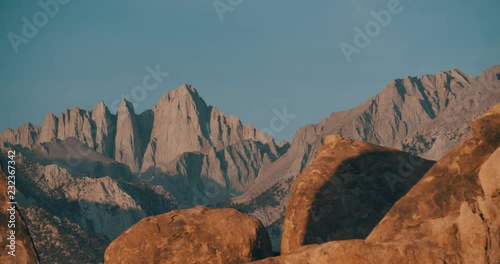 Mount Whitney with no snow at golden sunrise photo