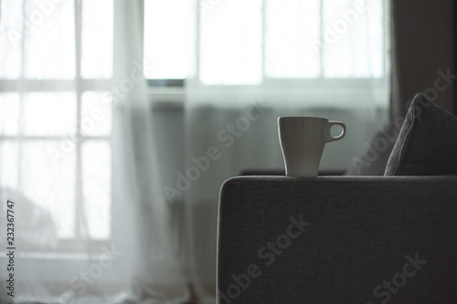 A cup of coffee. Gray sofa. Big window. Scandinavian style