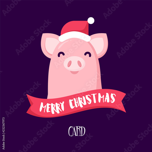 Illustration with cartoon pig in chrismas hat and ribbon. Flat design. Vector card.
