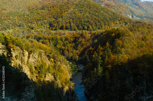 Wallpaper Mural Drying up blue river flows deep in the canyon against the autumn forest. Torontodigital.ca