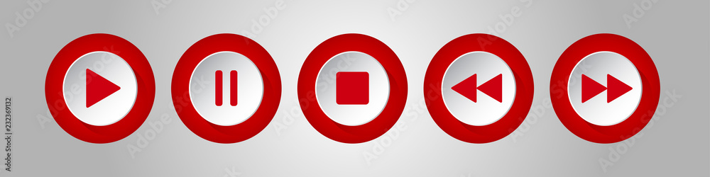 red, white round music control buttons set red, white round music control buttons set