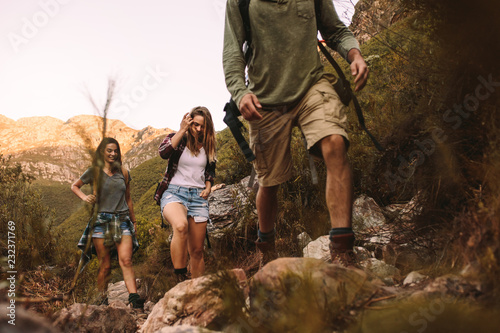 Bilde på lerret Group of friends walking through a mountain trail