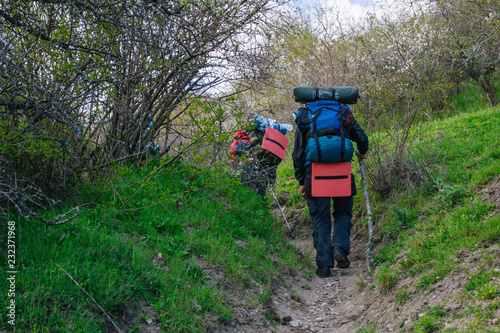 Hikers group trekking in Crimea, Ukraine mountains