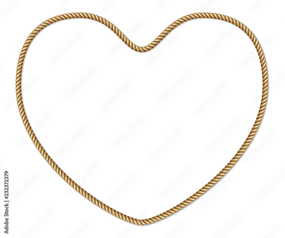Yellow brown rope, heart shaped border, vector frame isolated on white background Yellow brown rope, heart shaped border, vector frame isolated on white background