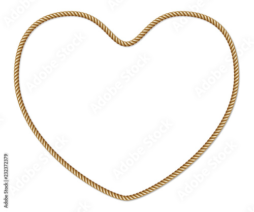 Yellow brown rope, heart shaped border, vector frame isolated on white background