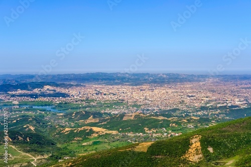 View over Tirana from mountain road to mountain Dajti, national park Dajti, Qark Tirana, Albania, Europe photo