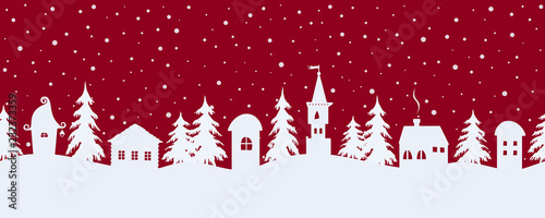 Fairy tale winter landscape. Seamless border. Christmas background. There are white silhouettes of fantastic houses and trees on a red background. Vector illustration