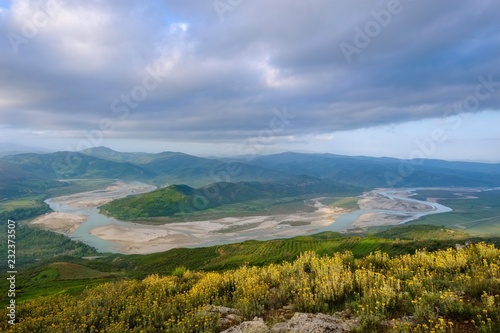 River Vjosa in the morning light, view from Byllis, Qarier Fier, Albania, Europe photo