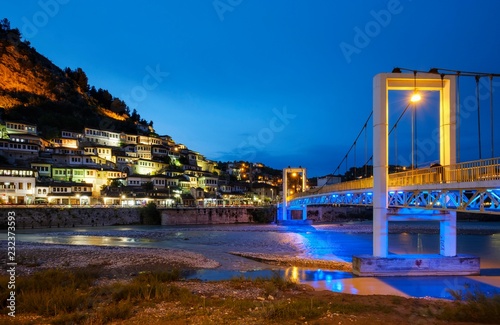 Ottoman houses, district Mangalem, bridge over river Osum, dusk, Berat, Qark Berat, Albania, Europe photo