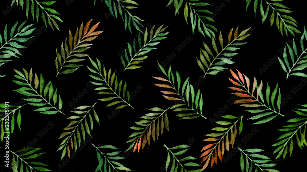 watercolor leaves seamless pattern on black