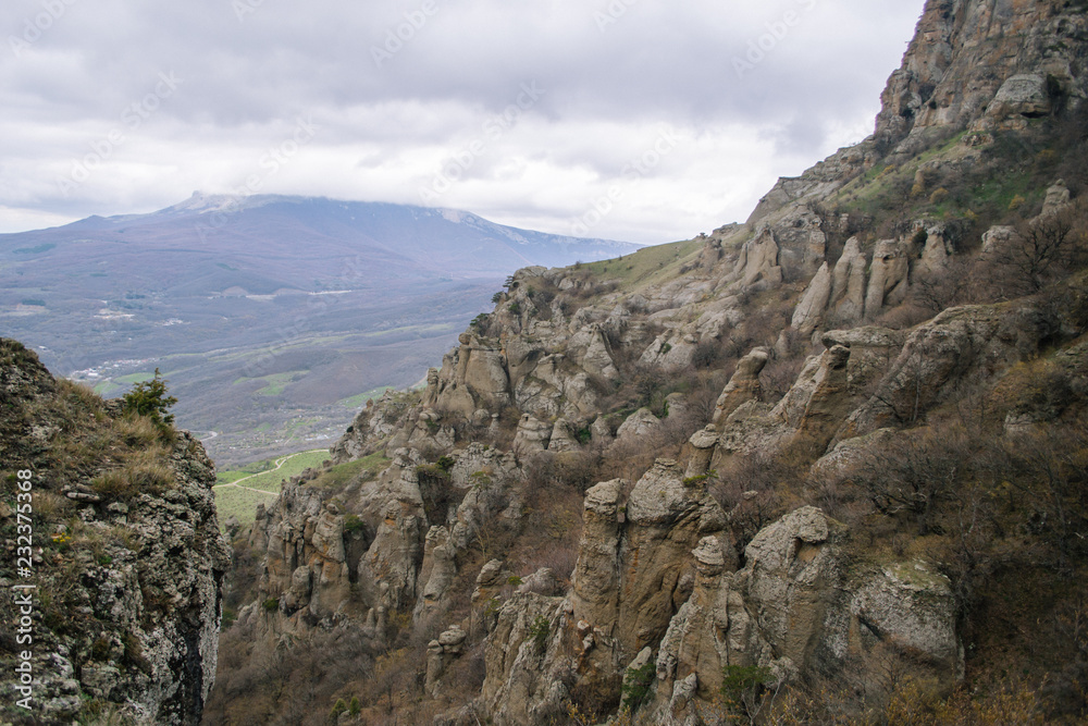 Rocks, bushes and fog in autumn Crimea mountains. Beautiful landscape. Rocks, bushes and fog in autumn Crimea mountains. Beautiful landscape.
