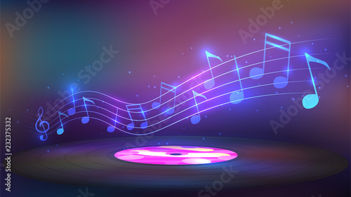 Music, vinyl record and glowing notes, pop music and disco, dj, party