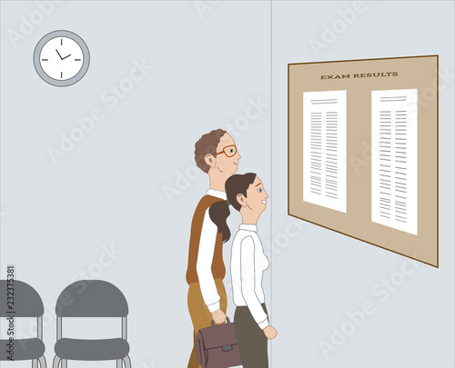 Guy and girl show to the exam results on the wall.