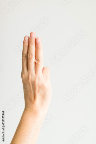 A hand sign with three fingers in scout meaning is swearing or salute.