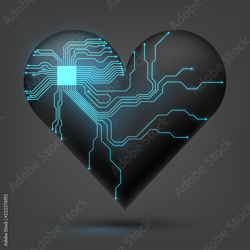 Electronic heart with a glowing microcircuit, love, technology, futuristic cardiology