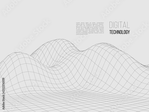 Wireframe polygonal landscape. Digital 3d terrain. Vector illustration.