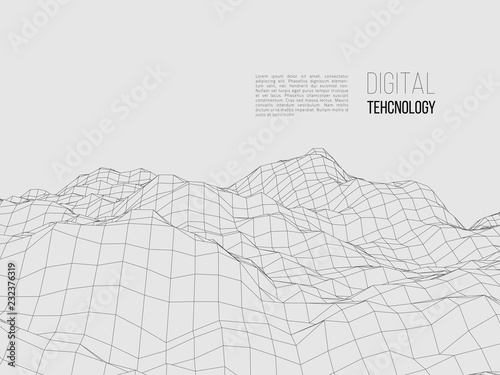 Wireframe polygonal landscape. Digital 3d terrain. Vector illustration.