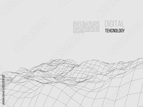 Wireframe polygonal landscape. Digital 3d terrain. Vector illustration.