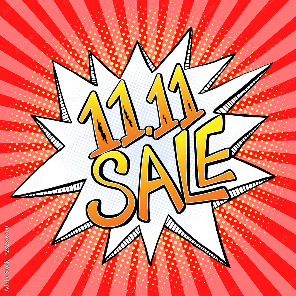Fototapeta premium November 11 Single Day Sale vector illustration in pop art comic style. Hand drawn 11:11 sale day banner.