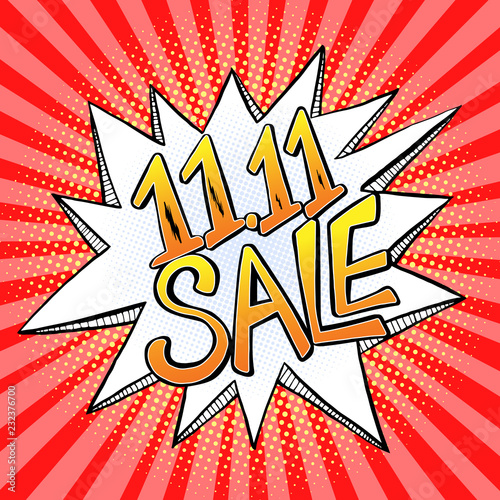 November 11 Single Day Sale vector illustration in pop art comic style. Hand drawn 11:11 sale day banner.