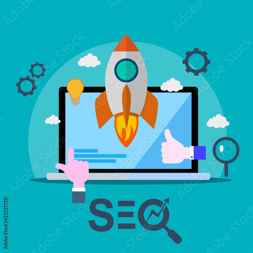 SEO icon for web-site of mobile application. Rocket start up from laptop.