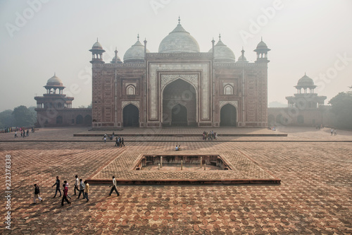 The gates to Taj Mahal in the smog, Agra, India. Air polution