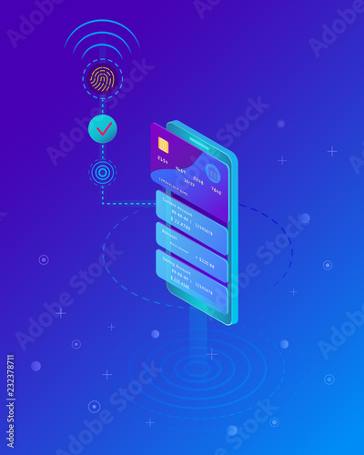 Fingerprint security payment transaction via virtual credit card pay online. Isometric smart phone and internet banking. Finger print scan authorization. Money transfer via mobile application. Vector
