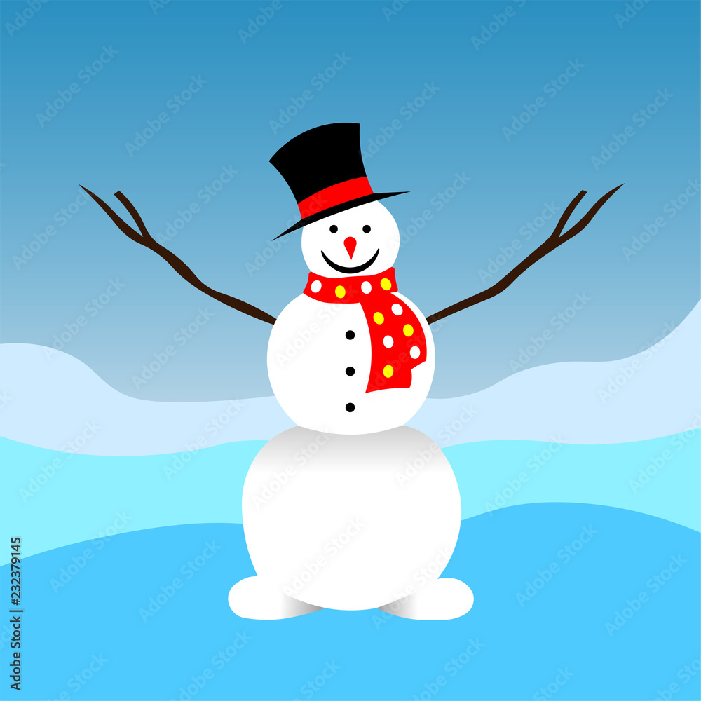 White cheerful snowman in a hat and with a scarf on the snow. Vector image. Background. Texture.